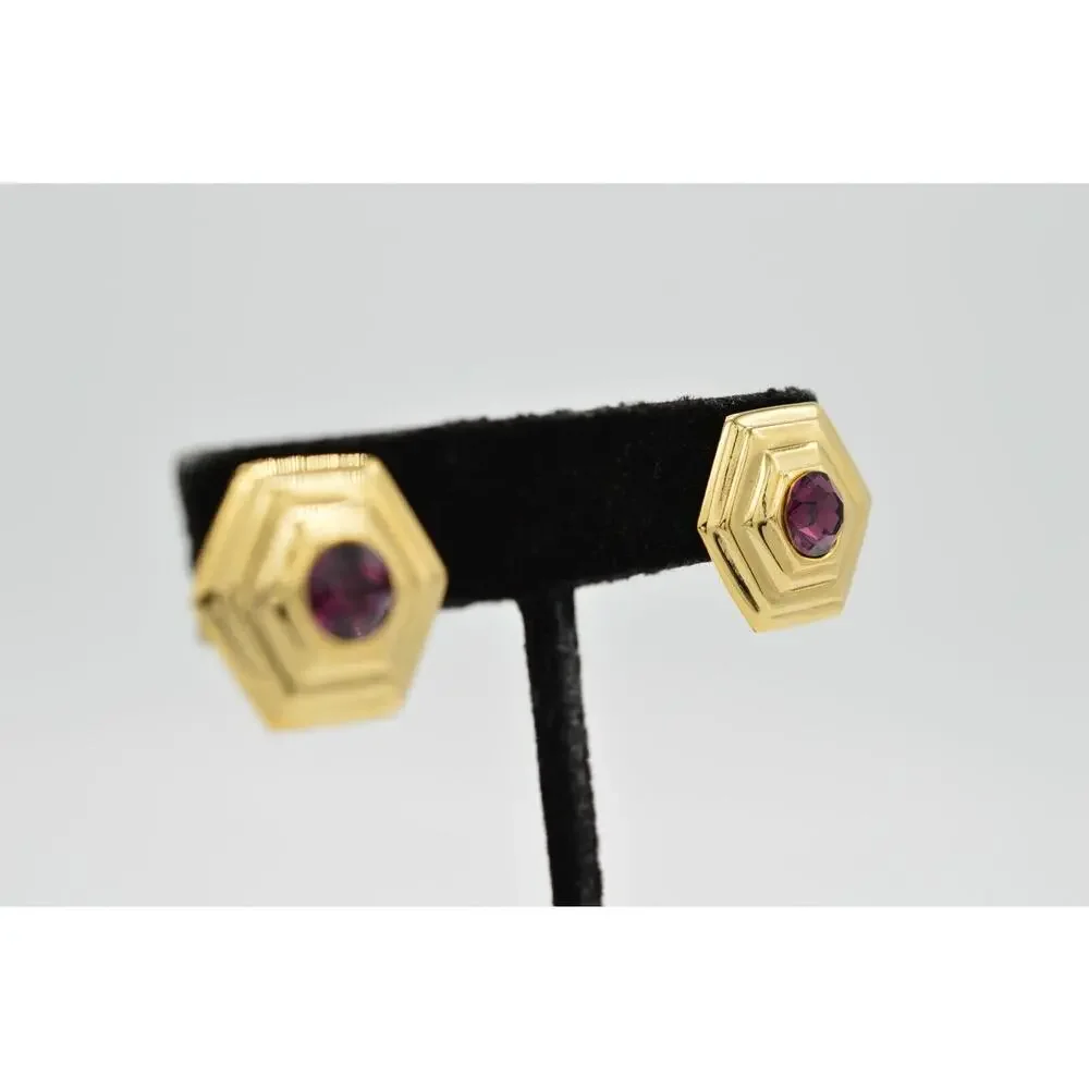 Vintage Crystal Clip On Earrings Rhinestone Purple Gold Statement NOS 1980s 9L